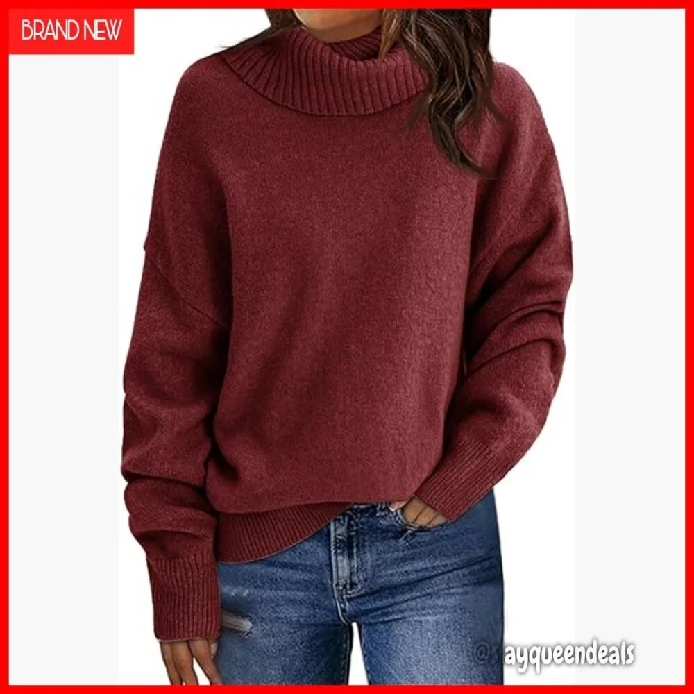 Soft Knit Turtleneck Pullover Sweater Loose Fit Long Sleeve Casual